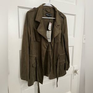 Kendall + Kylie Womens Military Jacket Green Faux Suede Belted Pockets New